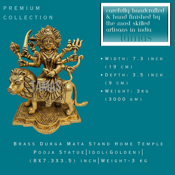 Brass Durga Mata Stand Home Temple Pooja Statue | Idol (Golden)| (8X7.3X3.5) inch|Weight-3 kg