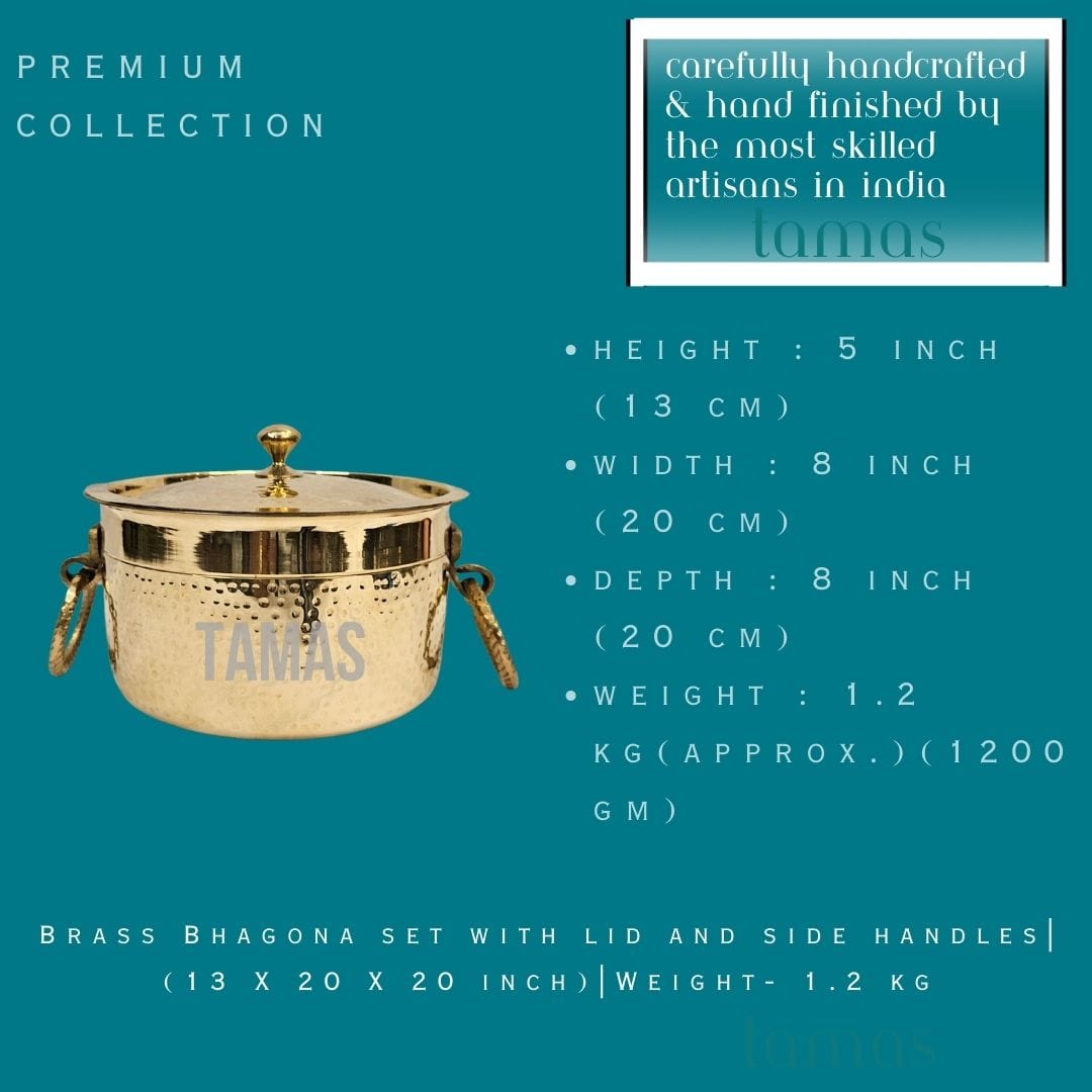 Brass Bhagona set with lid and side handles: 13x 20cm | 1.2 kg - Tamas: Luxury Indian Gifts