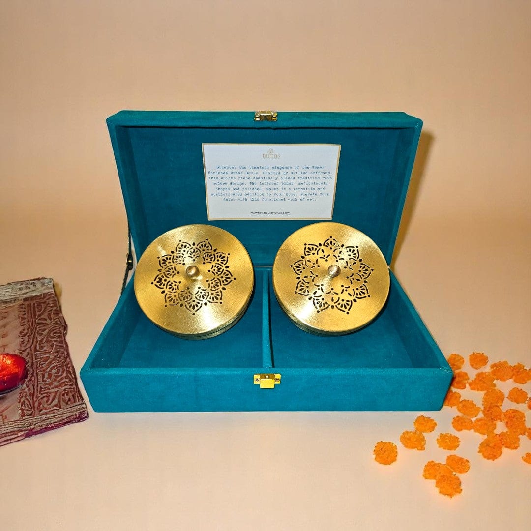Handcrafted brass serving bowl set with designer lids in a teal velvet box – premium traditional kitchenware by Tamas Ayurveda