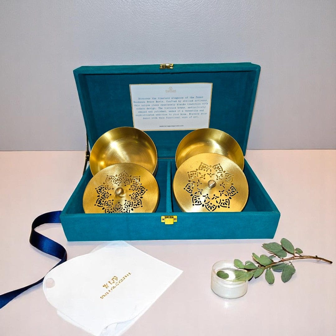 Handcrafted brass serving bowl set with designer lids in a teal velvet box – premium traditional kitchenware by Tamas Ayurveda