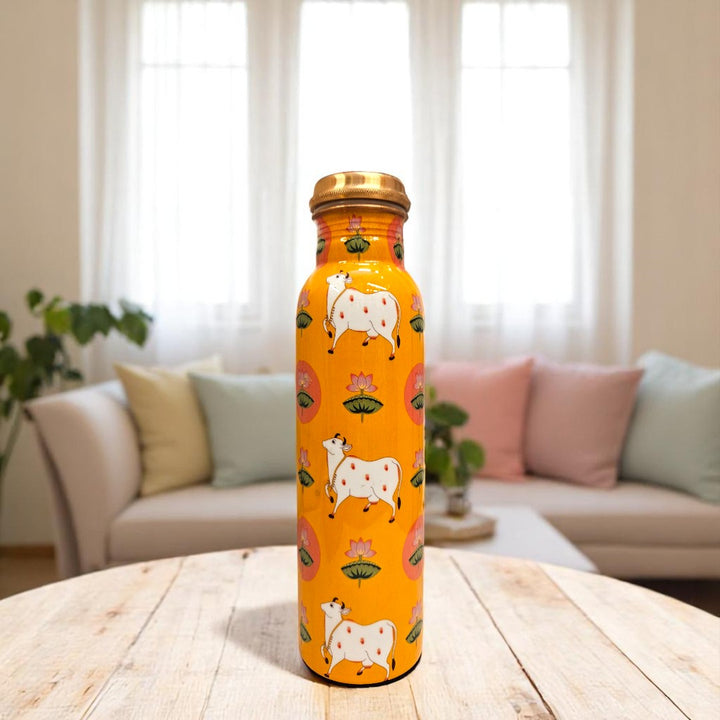 Tamas – Pichwai Harmony: Small Cow in Yellow (Copper water Bottle) – Handcrafted, Leak-Proof, 1000 ML (10.5 inch)