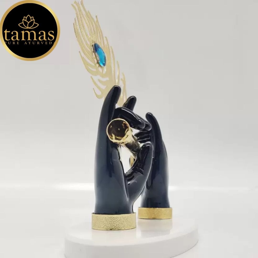 Gold Plated Flute With Krishna's Peacock Feather