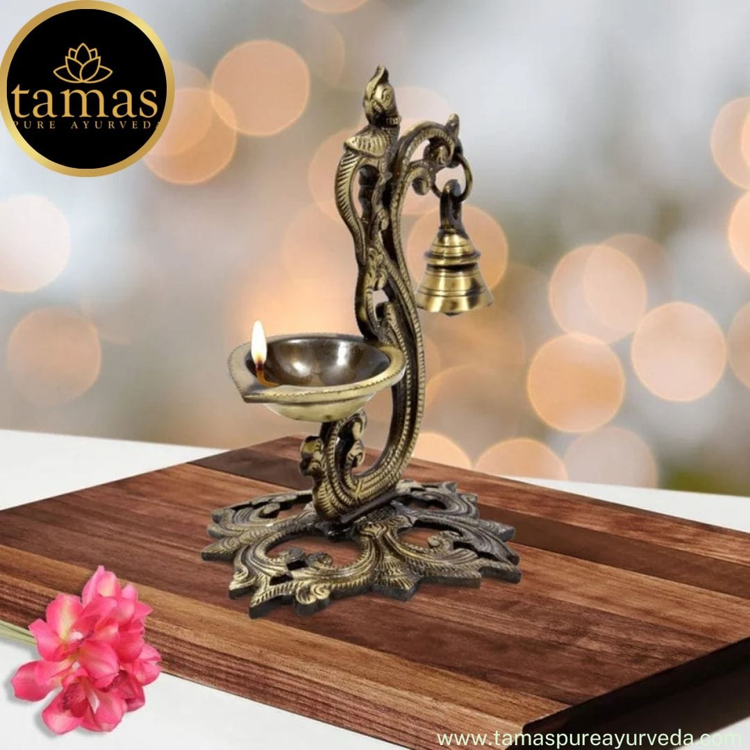 Brass Handcrafted Peacock Diya with Bell