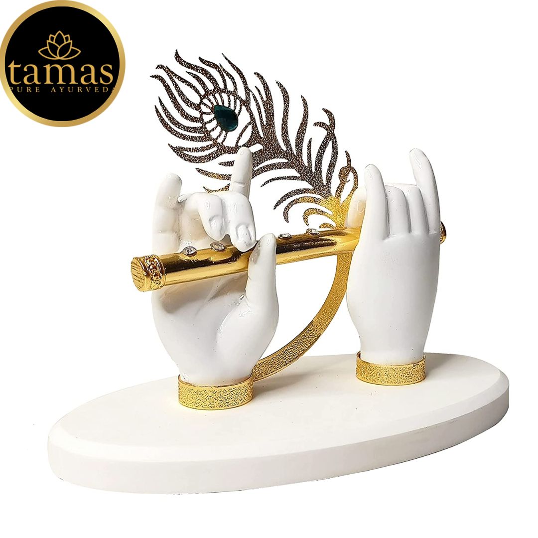 Gold Plated Flute With Krishna's Peacock Feather