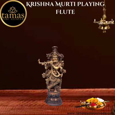 Tamas Brass Handcrafted Lord Krishna Murti Playing Flute Statue / Idol with Antique Finish (3 x 2 x 9.5 Inches, Golden) (Pack of 1) Free Premium Gift Box