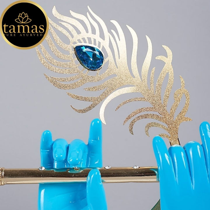 Tamas Gold Plated Divine Flute With Krishna's Peacock Feather ( Blue & gold) Pack of 1