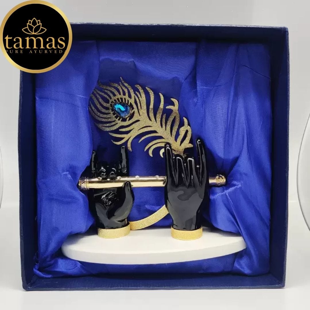 Gold Plated Flute With Krishna's Peacock Feather