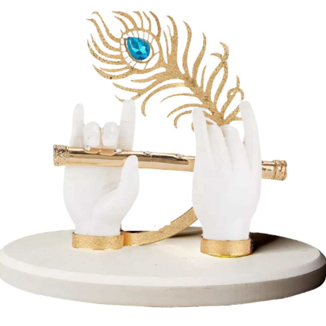 Gold Plated Flute With Krishna's Peacock Feather