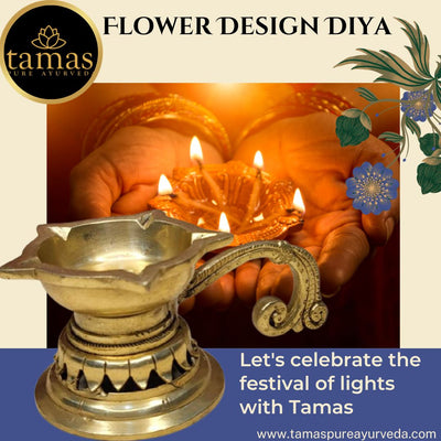 Tamas Brass Handcrafted Flower Design Diya with Antique Finish (5.5 x 3 x 2.5 Inches, Golden) (Pack of 1)