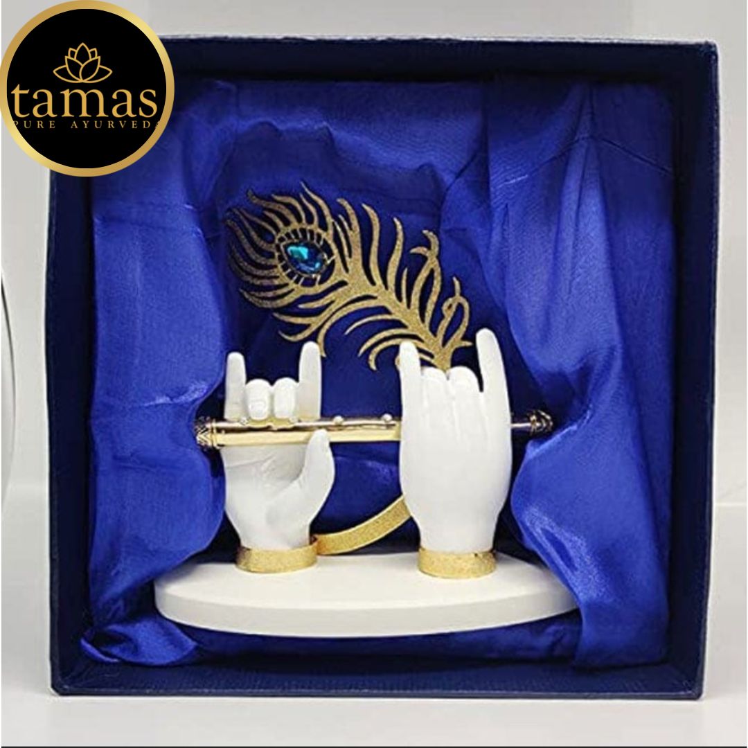 Gold Plated Flute With Krishna's Peacock Feather