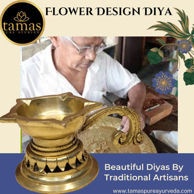 Tamas Brass Handcrafted Flower Design Diya with Antique Finish (5.5 x 3 x 2.5 Inches, Golden) (Pack of 1)