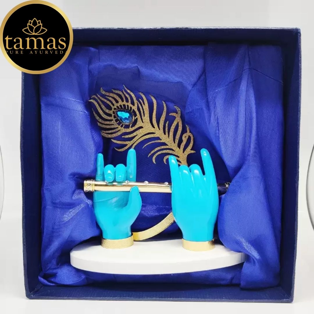 Tamas Gold Plated Divine Flute With Krishna's Peacock Feather ( Blue & gold) Pack of 1