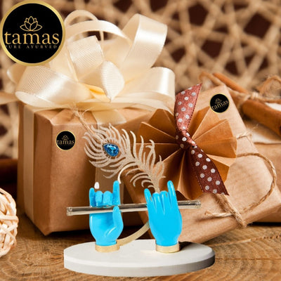 Tamas Gold Plated Divine Flute With Krishna's Peacock Feather ( Blue & gold) Pack of 1