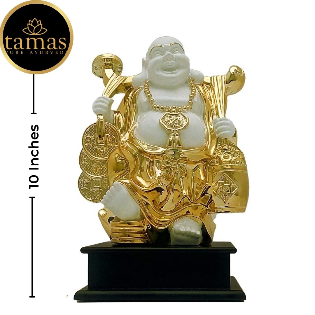 Tamas Poly Resin Gold Plated Fengshui God Laughing Buddha Statue (10 Inches, White and Gold)
