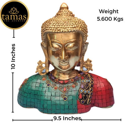 Tamas Brass Handcrafted stone worked Buddha Head Statue / Idol with Antique Finish (9.5 x 4 x 10 Inches, Multicolour) (Pack of 1)