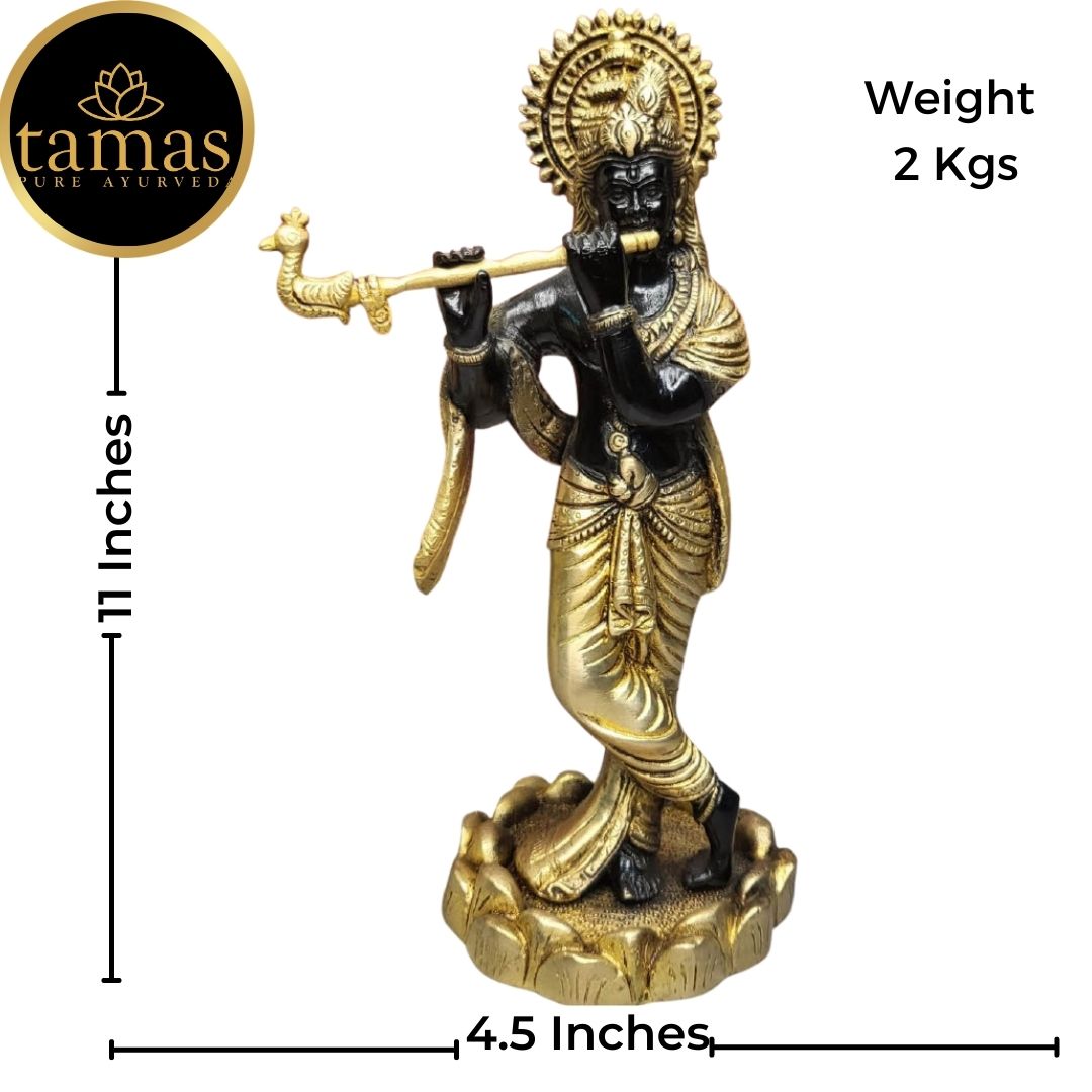 Tamas Brass Handcrafted Lord Krishna Murti Statue/ Idol with Antique Finish (4.5 x 4.5 x 11 Inches, Black & Golden) (Pack of 1)
