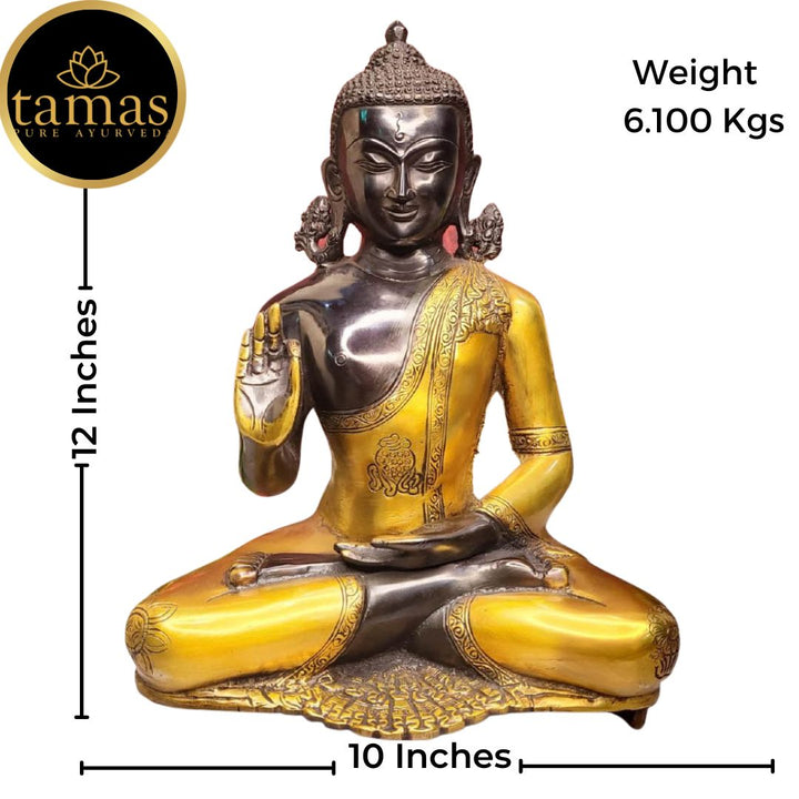 Tamas Brass Handcrafted Buddha In Deep Meditation Showpiece, Standard Statue / Idol with Antique Finish (10 x 6.5 x 12 Inches, Brown & Yellow) (Pack of 1)