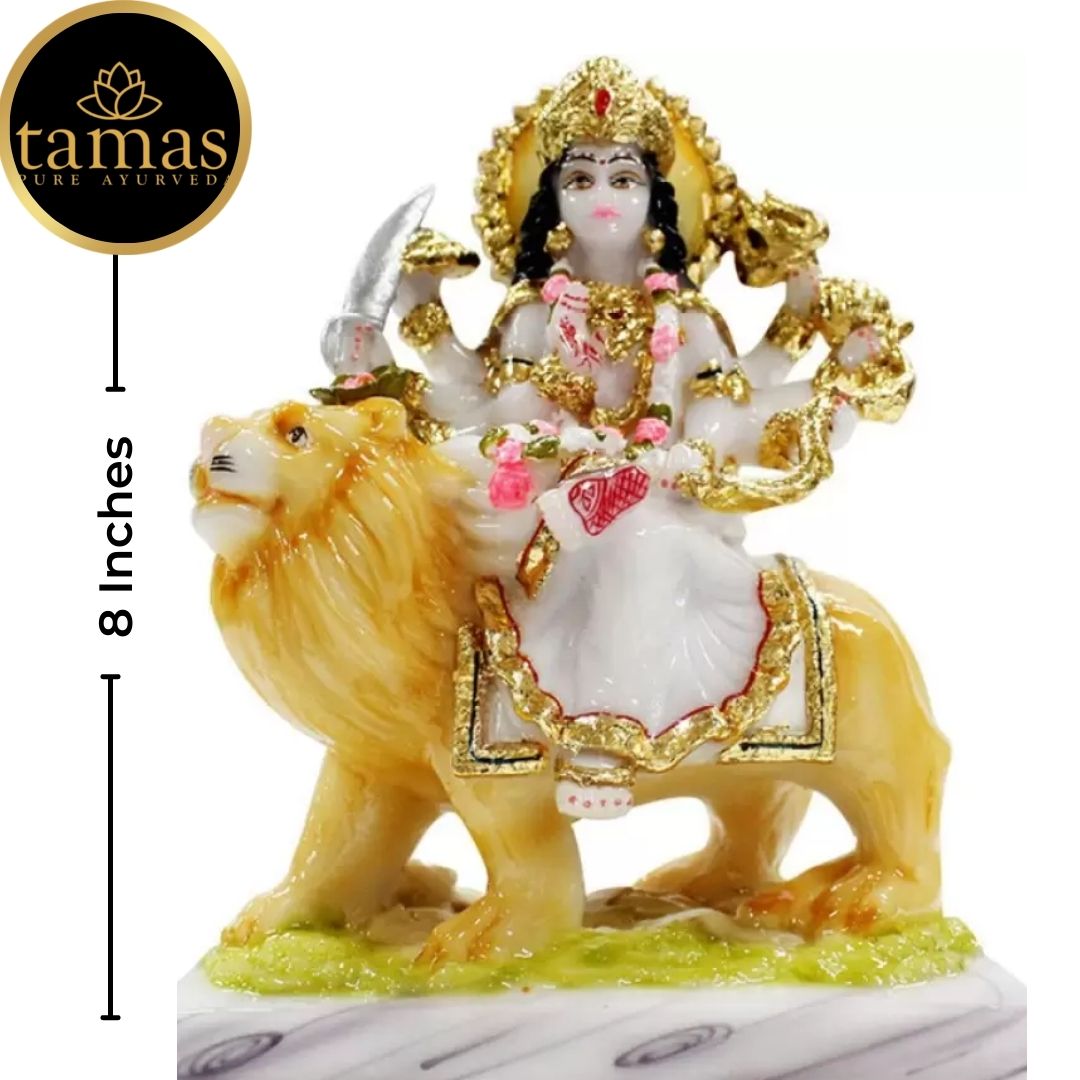 Tamas Marble Dust Gold Plated Mata Sherawali Statue (8 Inches, White and Gold)