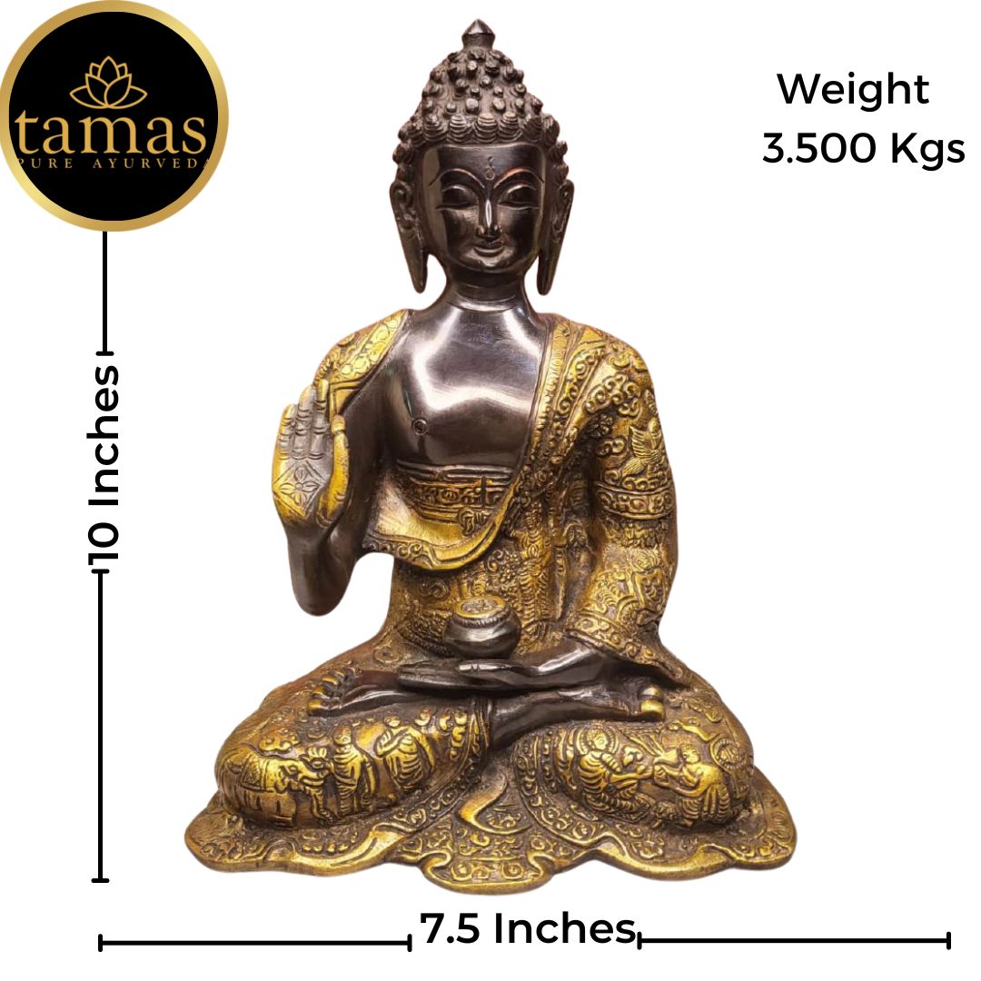 Tamas Brass Handcrafted Buddha Statue Handmade Sitting Blessing Buddhism Statue / Idol with Antique Finish (7.5 X 5 X 10 Inches, Brown & Golden) (Pack of 1)