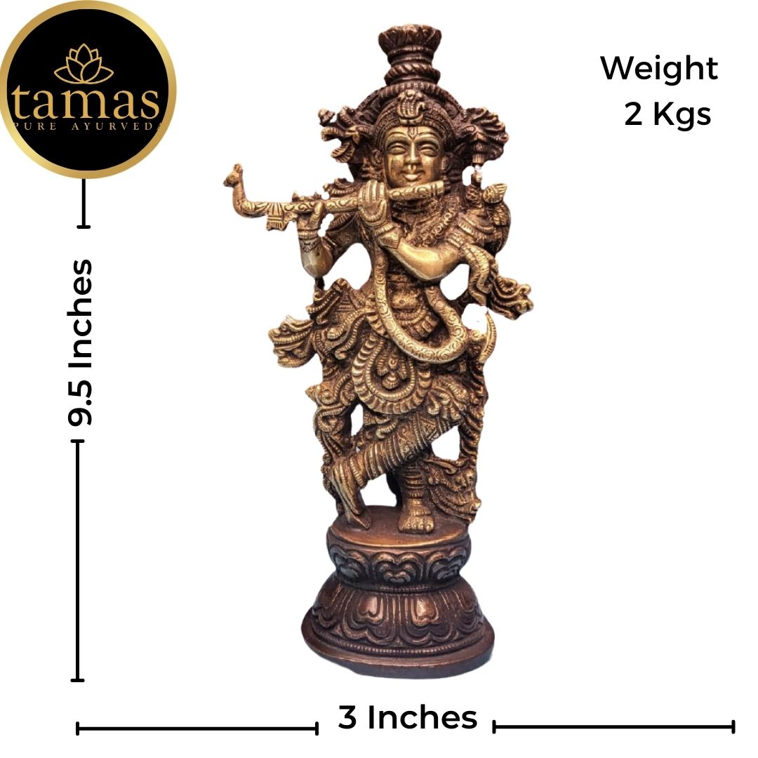 Tamas Brass Handcrafted Lord Krishna Murti Playing Flute Statue / Idol with Antique Finish (3 x 2 x 9.5 Inches, Golden) (Pack of 1) Free Premium Gift Box