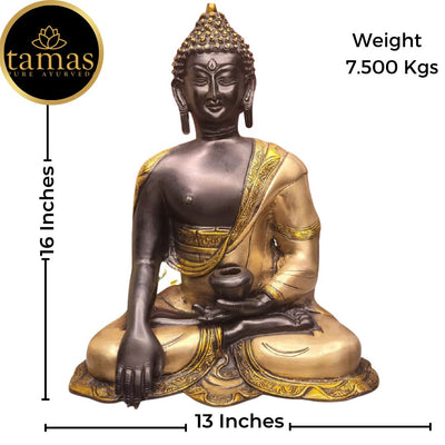 Tamas Brass Handcrafted Lord Buddha Sakyamuni Statue / Idol with Antique Finish (13 x 8.5 x16 Inches, Brown & Golden) (Pack of 1)