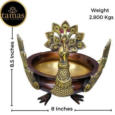 Tamas Brass Handcrafted Ethnic Peacock Carving Design Urli Showpiece (8 x 8 x 8.5 Inches, Golden & Brown) (Pack of 1)