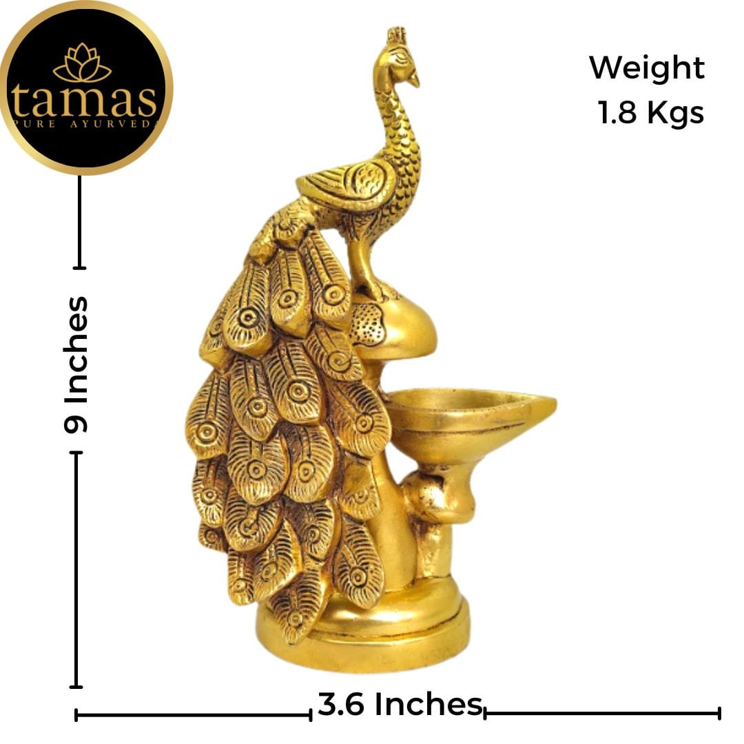 Tamas Brass Peacock Diya Stand Oil Lamp for Pooja Room Home Decor (Golden) Height 9 inches - Tamas: Luxury Indian Gifts