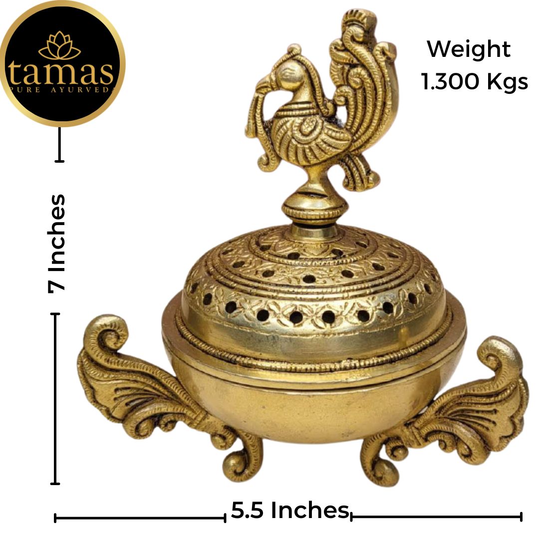 Tamas Brass Handcrafted Peacock Incense Burner with Antique Finish (5.5 x 5.5 x 7 Inches, Golden) (Pack of 1)