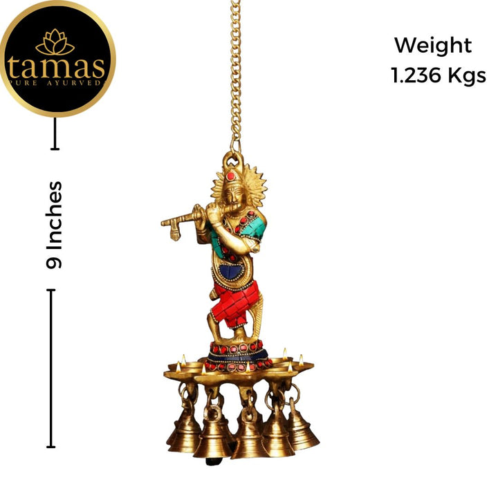 Tamas Brass Krishna Wall Hanging Diya Oil Lamp With Bells (9 Inches, Multicolor) (Pack of 1)