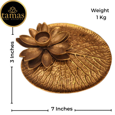 Tamas Brass Handcrafted Lotus Diya Leaf Plate with Antique Finish (6.5 x 7 x 3 Inches, Golden) (Pack of 1)