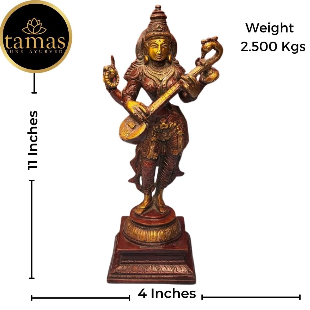 Tamas Brass Handcrafted Standing Statue of Goddess Saraswati Statue / Idol with Antique Finish (4 x 4 x 11 Inches, Golden & Brown) (Pack of 1) - Tamas: Luxury Indian Gifts