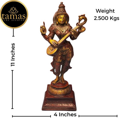 Tamas Brass Handcrafted Standing Statue of Goddess Saraswati Statue / Idol with Antique Finish (4 x 4 x 11 Inches, Golden & Brown) (Pack of 1)