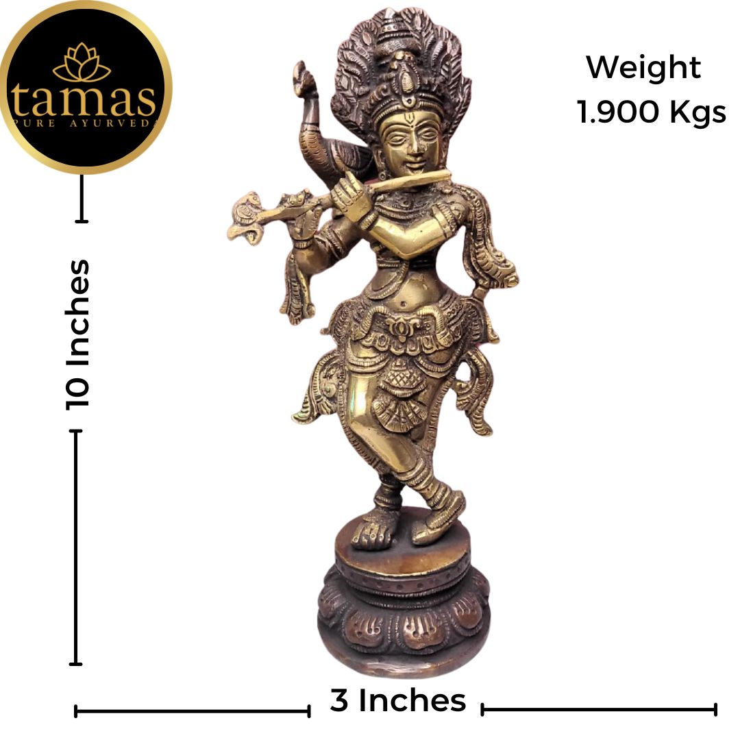Tamas Brass Handcrafted Flute Playing Krishna with Peacock  Statue / Idol with Antique Finish (3 x 3 x 10 Inches, Golden) (Pack of 1)