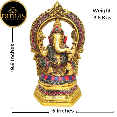Tamas Brass Ganesh Bhagwan Sitting Posturel and Decorated with Multicolored Stone  (Multicolor) Height 9.6 inches