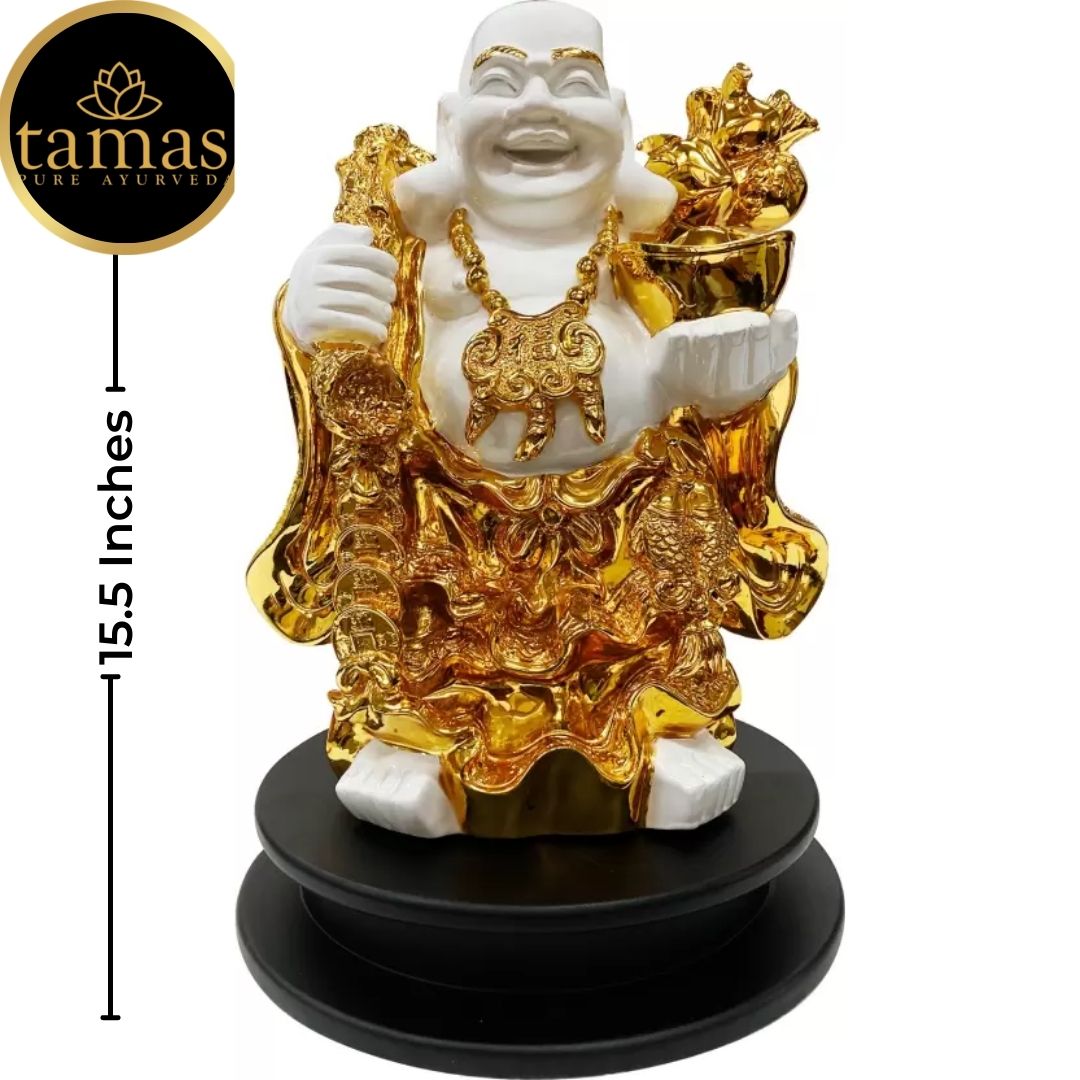 Tamas Poly Resin Gold Plated Fengshui God Laughing Buddha Statue (15.5 Inches, White and Gold)