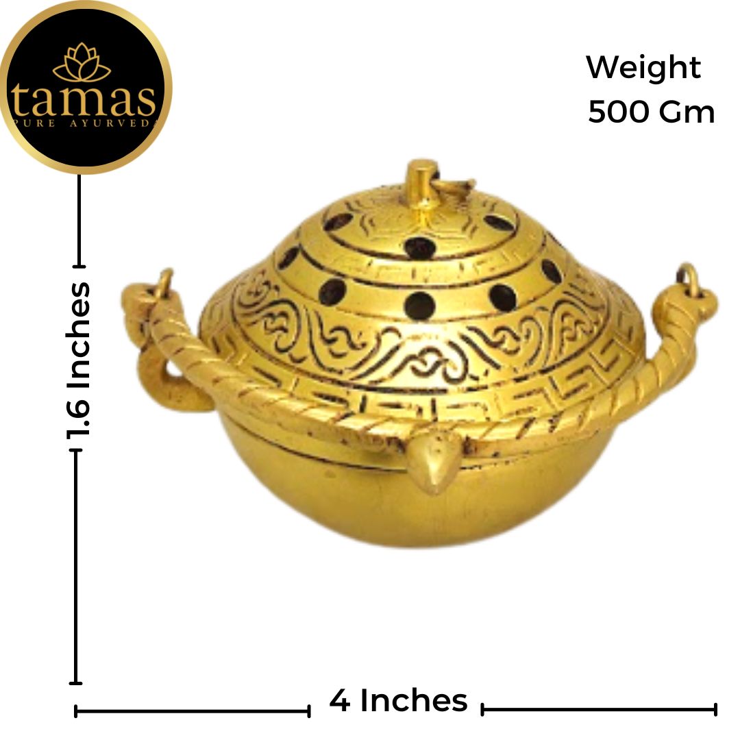 Tamas Brass Small Dhoop Burner with Handle and Lid  (Golden) Height 2.5 inches | Free Luxury Gift Box