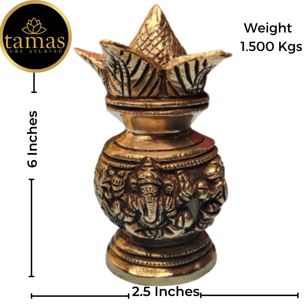 Tamas Brass Handcrafted Mangalam Kalash Nariyal & Leafs with Antique Finish (2.5 x 2.5 x 6 Inches, Golden) (Pack of 1)