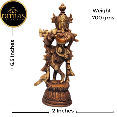 Tamas Brass Handcrafted Flute Playing Krishna with peacock  Statue / Idol with Antique Finish (2 x 2 x 6.5 Inches, Golden & Brown) (Pack of 1)