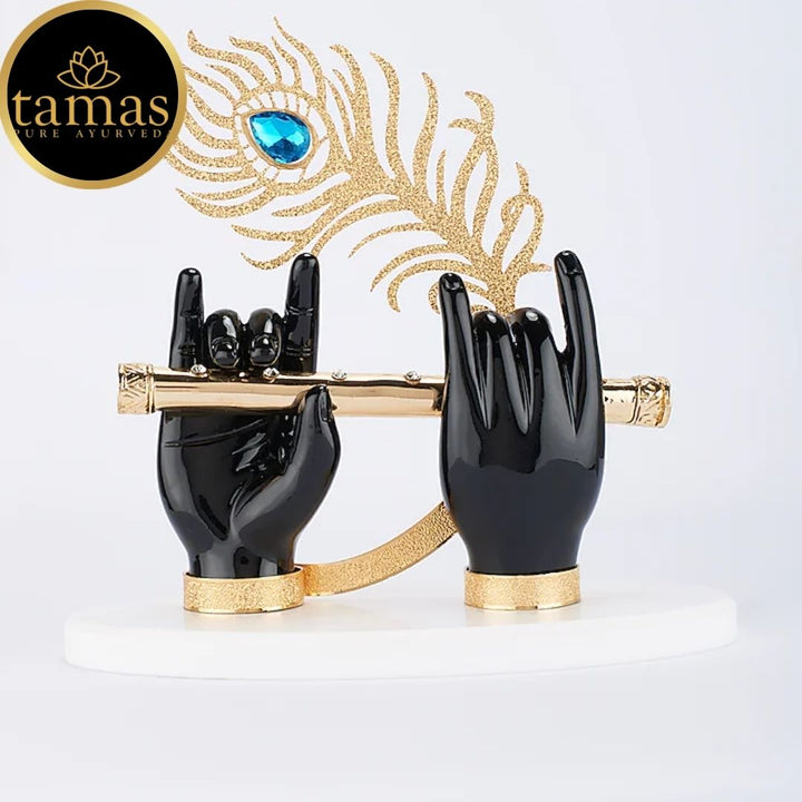 Gold Plated Flute With Krishna's Peacock Feather