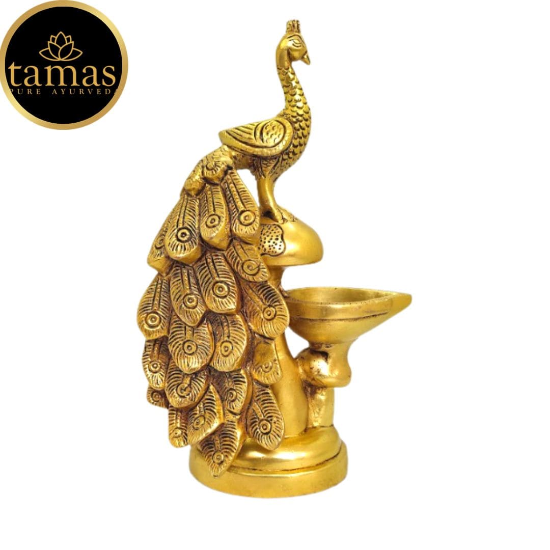 Tamas Brass Peacock Diya Stand Oil Lamp for Pooja Room Home Decor (Golden) Height 9 inches - Tamas: Luxury Indian Gifts
