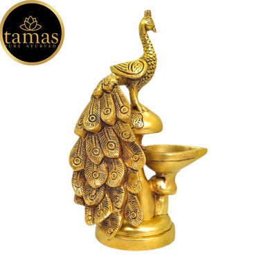 Tamas Brass Peacock Diya Stand Oil Lamp for Pooja Room Home Decor (Golden) Height 9 inches