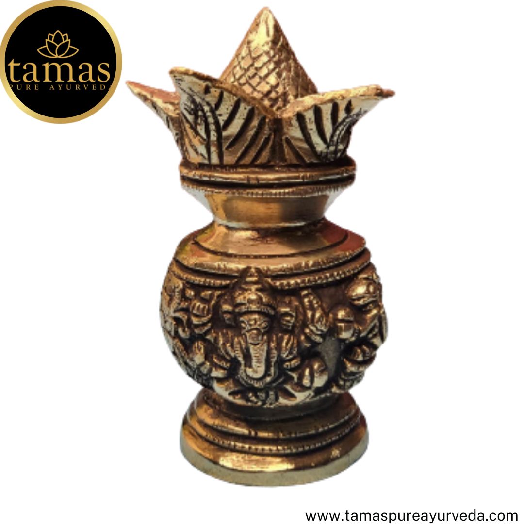 Tamas Brass Handcrafted Mangalam Kalash Nariyal & Leafs with Antique Finish (2.5 x 2.5 x 6 Inches, Golden) (Pack of 1)