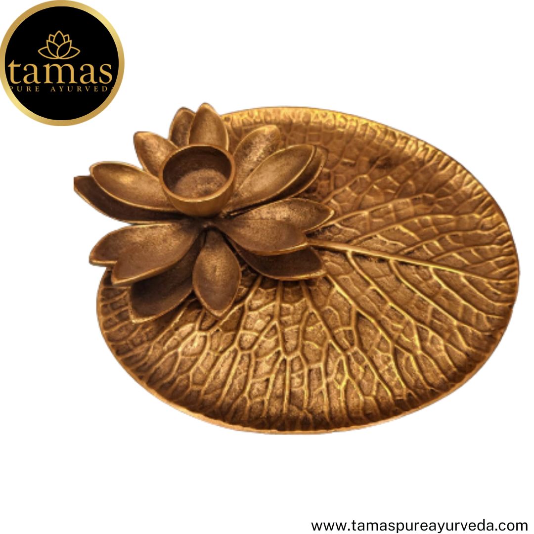 Tamas Brass Handcrafted Lotus Diya Leaf Plate with Antique Finish (6.5 x 7 x 3 Inches, Golden) (Pack of 1)