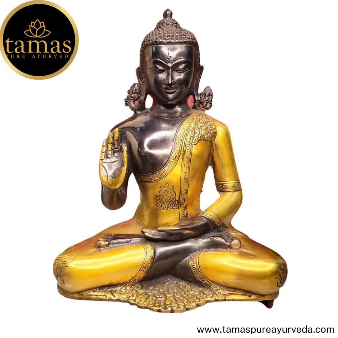 Tamas Brass Handcrafted Buddha In Deep Meditation Showpiece, Standard Statue / Idol with Antique Finish (10 x 6.5 x 12 Inches, Brown & Yellow) (Pack of 1)
