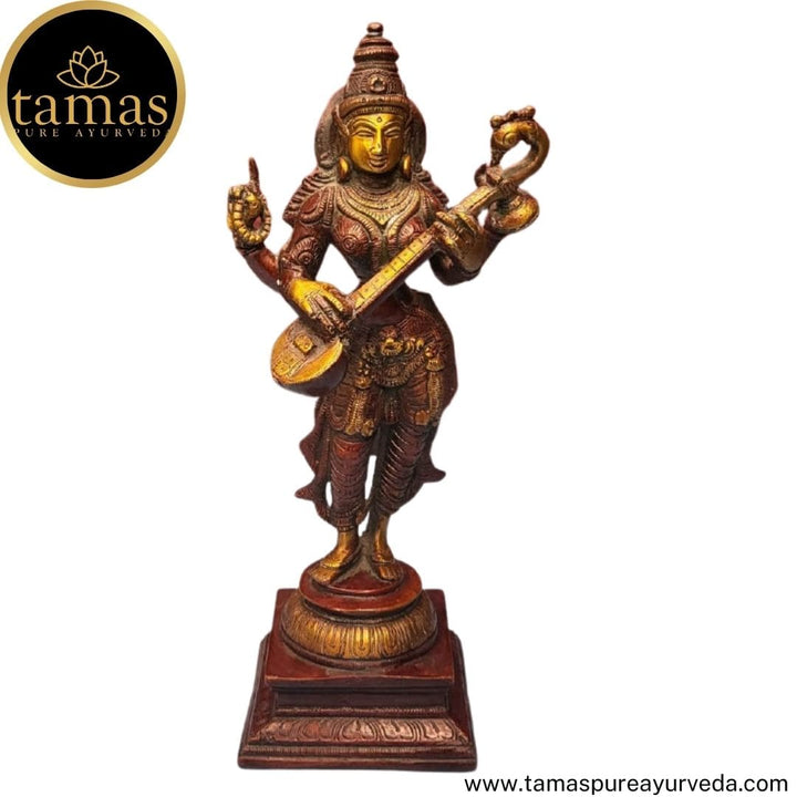 Tamas Brass Handcrafted Standing Statue of Goddess Saraswati Statue / Idol with Antique Finish (4 x 4 x 11 Inches, Golden & Brown) (Pack of 1) - Tamas: Luxury Indian Gifts