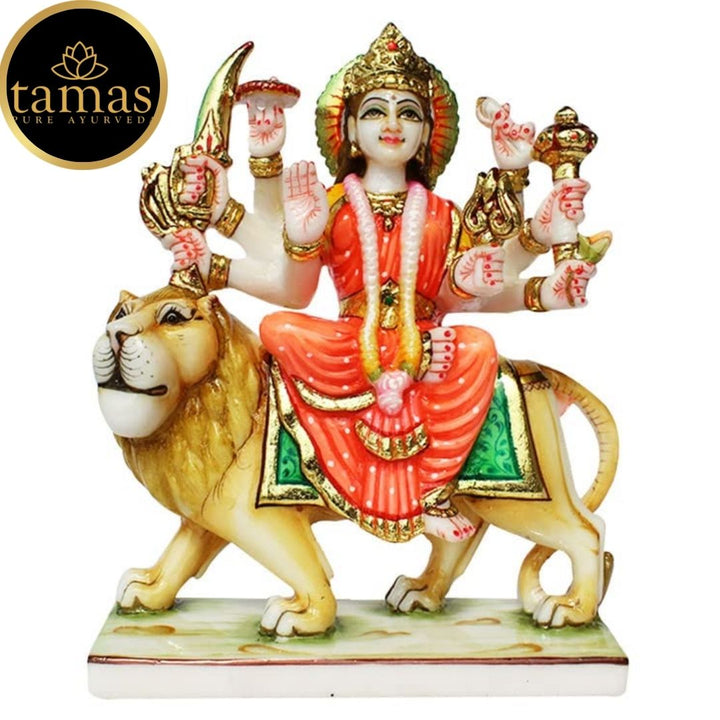 Tamas Marble Dust Gold Plated Goddess Durga Mata Statue (10.5 Inches, Multicolor)