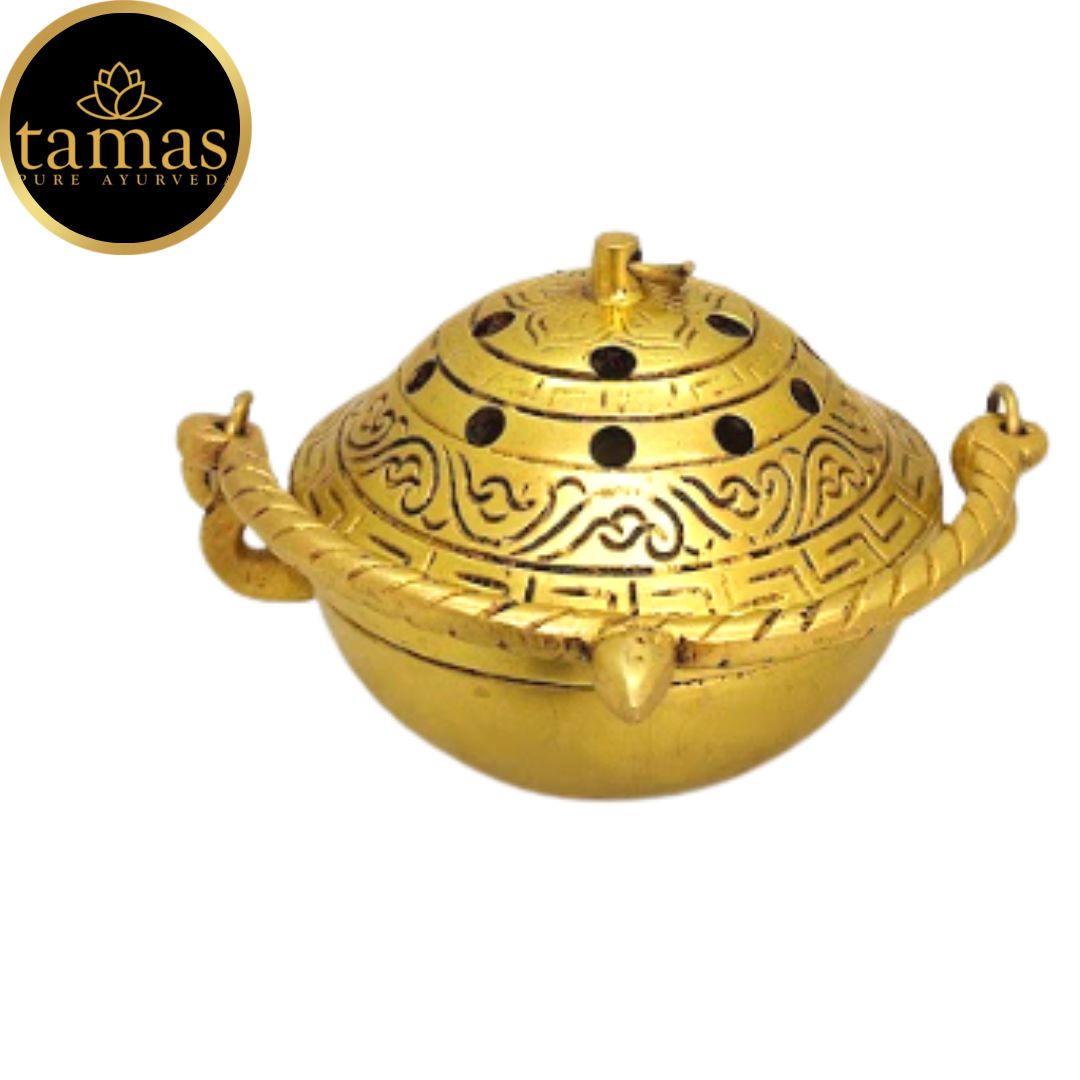 Tamas Brass Small Dhoop Burner with Handle and Lid  (Golden) Height 2.5 inches | Free Luxury Gift Box