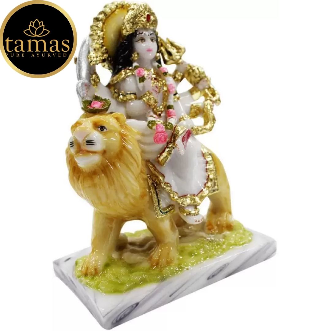 Tamas Marble Dust Gold Plated Mata Sherawali Statue (8 Inches, White and Gold)