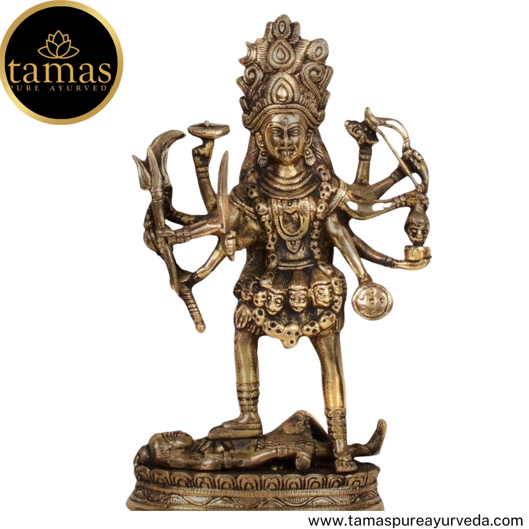 Tamas Brass Handcrafted Mahakali Kalika Maa Statue / Idol with Antique Finish (6 x 3 x 11 Inches, Golden) (Pack of 1)