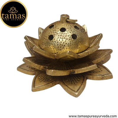 Tamas Brass Handcrafted Lotus Dhoop Stand with Antique Finish (4 x 4 x 2.5 Inches, Golden) (Pack of 1)